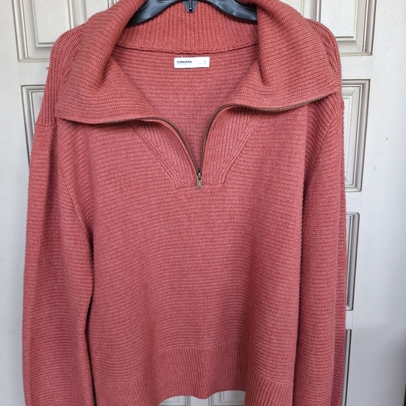 Sonoma Sweater Rust SzXL 1/4Zip Wide Collar /Cuffs Long Sleeves Hem Slit Sides - Picture 2 of 12